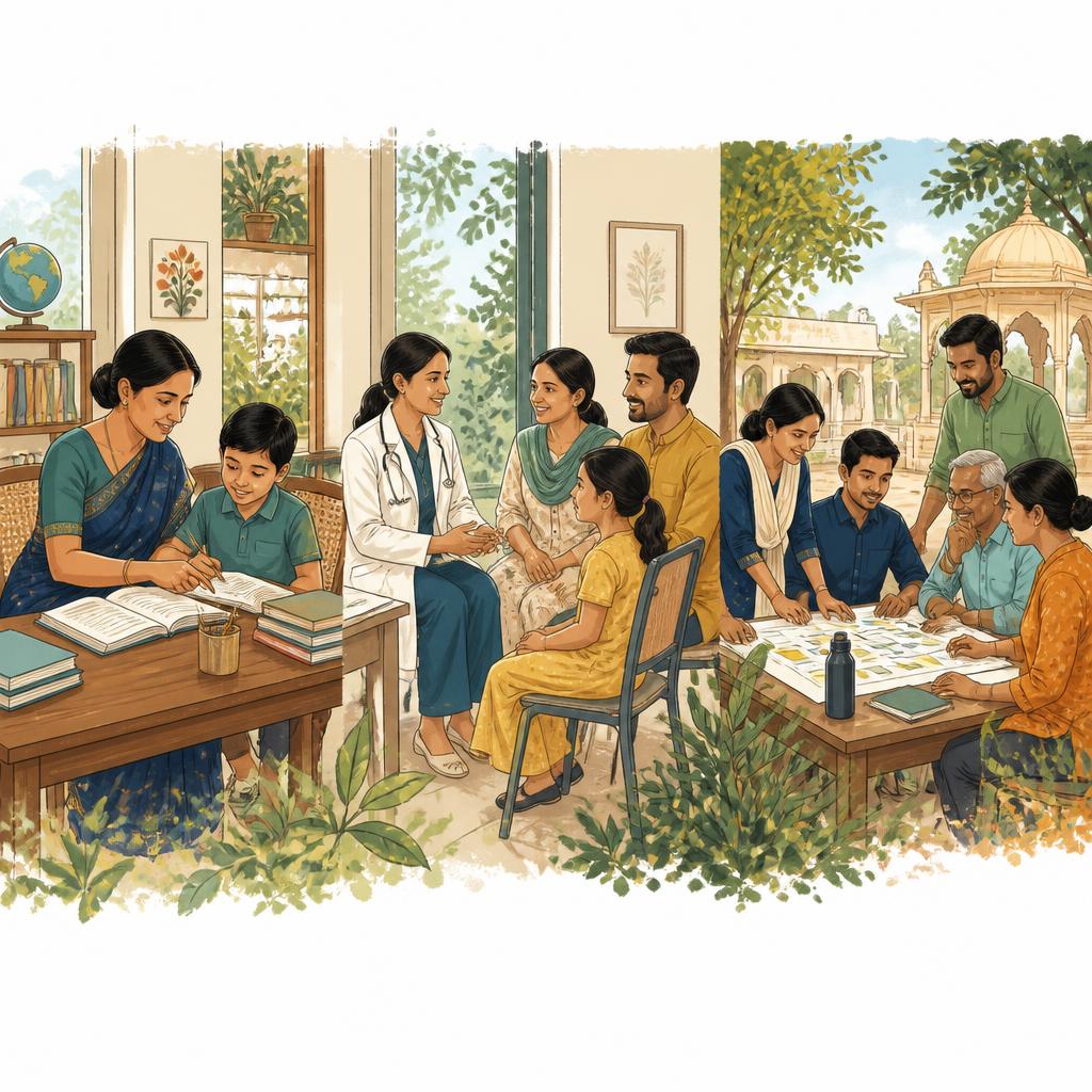 Illustration of people sharing ideas and helping one another in everyday community settings.